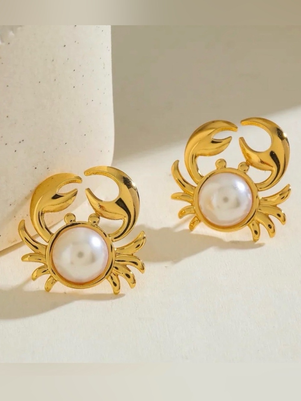 Gold Crab Pearl Stud Earrings